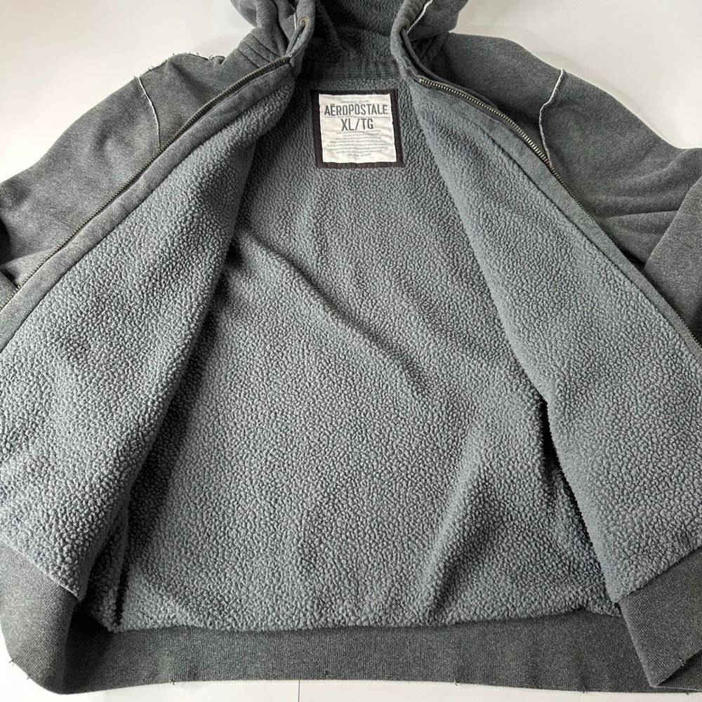 Aeropostale Full Zip Hoodie‎ Charcoal Gray Sherpa Lined Distressed Y2K Mens XL - Picture 3 of 16